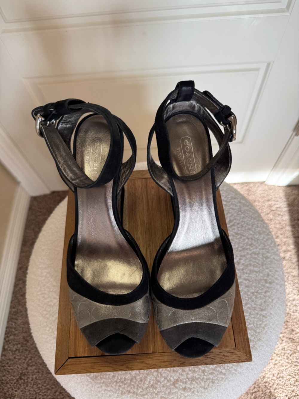 Coach Signature Black and Gray Suede Wedge Sandals- NWOT - Picture 2 of 8